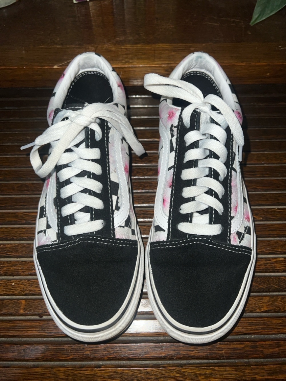 Vans Black White Low-Top Sneakers with Pink Floral Accents